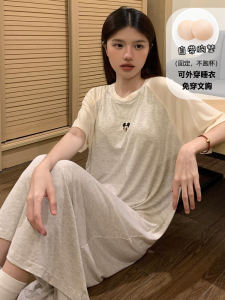 Womens Summer Modal Sleepwear Short Sleeve Thin Home Clothes External Wearable Nightgown with Chest Pad Cartoon Print
