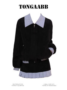 Tongaabb American Retro Color Block Collar Zipper Loose Waist High Waist A-Line Mini Skirt Two-Piece Set Womens Fashion Autumn Winter Coat