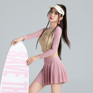 2024 New Womens One-Piece Swimsuit Surfing Suit Long Sleeve Slimming Belly Cover Quick Dry Skirt Style Swimming Costume
