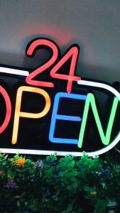 ป้ายไฟนีออน LED 24/OPEN สีสันสดใส ประหยัดไฟ ปลั๊ก 3 พิน สำหรับตกแต่งร้านค้า