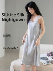 miiow | Cool Feeling Ice Silk Thin Womens Nightgown With Chest Pad Summer Sleepwear Dress Casual Home Leisure Polyester Spandex