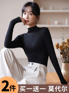 Áo Sơ Mi Lót Lông Cừu Dày Màu Đen Modal Cổ Cao Dài Tay Ôm Vừa Vặn Cho Nữ Mùa Thu Đông Thường Ngày