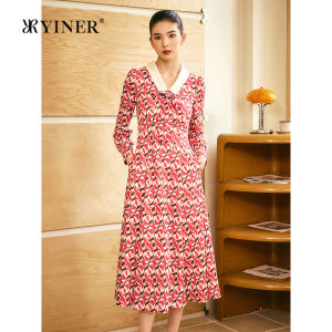 Retro Print V-Neck Waist-Cinching Dress