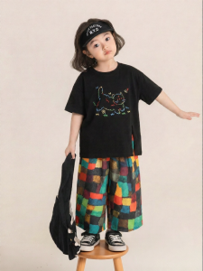 YOEHYAUL | Colorful Plaid Mid-Length Short Sleeve T-Shirt Loose Wide Leg Pants Set