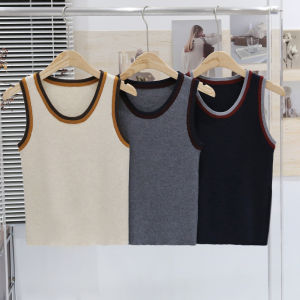 Spring Autumn Wool Knitted Sleeveless round Neck Womens Vest Color Block Contrast Casual Style Soft Fabric Fashionable Top