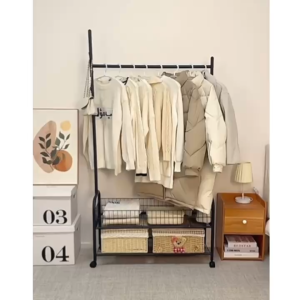 Happy💙ไม้แขวนเสื้อง่าย ชั้นวางของชั้นยืน ราวตากผ้าพร้อมล้อเลื่อน ชั้นวางเสื้อผ้าแขวนสำหรับห้องนอน