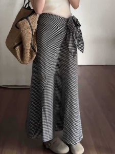 Váy Kẻ Caro Chữ a Cạp Cao Thời Trang Mùa Xuân Mới Cho Nữ Váy Midi Đa Năng Không Đều Thắt Lưng Phong Cách Hàn Quốc