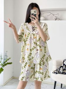 ชุดนอนผ้าไหมฝ้ายแขนสั้นสำหรับผู้หญิงในฤดูร้อน ชุดนอนผ้าฝ้ายเทียม กางเกงขาสั้น ใส่สบาย ชุดนอนเยาวชน ชุดอยู่บ้าน ชุดนอนฤดูร้อน