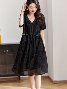 Váy Midi Chữ a Họa Tiết Chấm Bi Đen Ôm Vừa Vặn Cỡ Lớn Mùa Hè 2024 Váy Nữ Tay Ngắn Cổ Chữ V Váy Công Sở