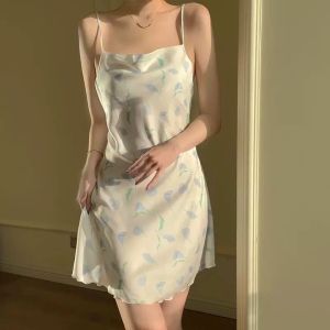 French Style Ice Silk Printed Pajamas Dress with Chest Padded Women's Summer Thin Suspender Nightdress Ladies Sweet Backless Sleeping Dress for Outdoor Wear or Home Wear