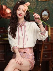 เสื้อเชิ้ตผ้าชีฟองปักลายสไตล์จีนใหม่สำหรับผู้หญิง ฤดูใบไม้ร่วง 2025 เสื้อเชิ้ตแขนยาวทรงหลวมๆ สไตล์จีนโบราณ