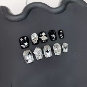 Handmade Autumn Winter New Pure Silver Full Drill Short False Nails Wearable Nail Tips Phototherapy Detachable Nail Art Stickers