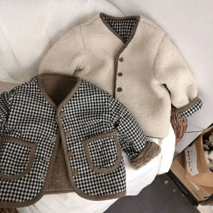 Korean Style Winter Children Double Sided Outerwear Plush Plaid Collarless Quilted Jacket Boy Girl Warm Casual Coat E89338-1