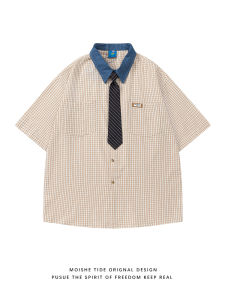 Retro Japanese Style Plaid Short Sleeve Loose Casual Shirt for Men And Women Baroque Collar Tie Summer Fashion Cotton