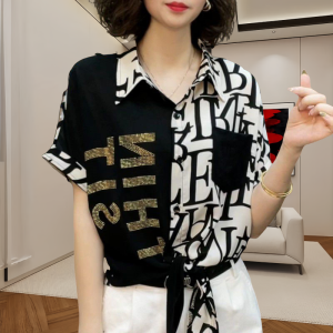 Plus Size Short-Sleeved Womens Shirt Summer New Polo Collar Color Matching Print Stylish Small Shirt Loose Temperament Western Style Shirt