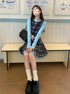 Blue Plaid Vest Dress Set Womens Autumn Winter High Waist A-Line Skirt Long Sleeve round Neckline College Style Fashion Wind