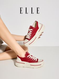 รองเท้าผ้าใบส้นหนาสีแดง ELLE สำหรับผู้หญิง รองเท้าผ้าใบลำลองสำหรับฤดูหนาว ส้นหนา รองเท้าบู๊ตแบบสวมสบาย สไตล์สปอร์ต ทรงหัวมน