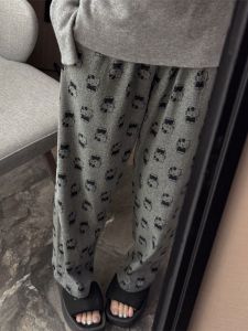 Cartoon Cat Pants Womens Autumn Winter Wide Leg Home Leisure Walking Trousers Towel Pants High Waist Long Pants Polyester Fiber