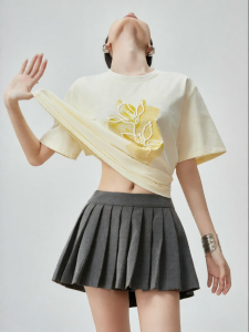 XIAODADEHUA | Apricot Floral Print Round Neck Short Sleeve T-shirt Womens Loose Fit Summer