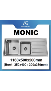 MONIC HOT-1160 2 BOWLS 1 DRAINER STAINLESS STEEL SINK C/W WASTE