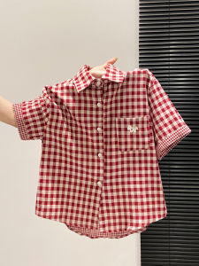 LUOSHAO | Grid Red Short Sleeve Shirt Casual Loose Fit Women