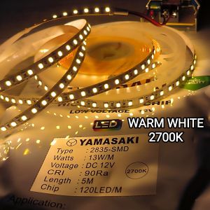 YAMASAKI LED STRIP DC 12V 2835 120LED IP33 5M WARM WHITE 2700K ( KEKUNINGAN ) 120 LED / METER HARGA 1 ROLL 5 METER BAGUS KUALITAS TERJAMIN