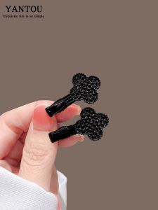 Black Four-leaf Clover Duckbill Hair Clip Elegant Side Part Hairline Forehead Small Clip Diamond Studded Fashionable Hair Accessories