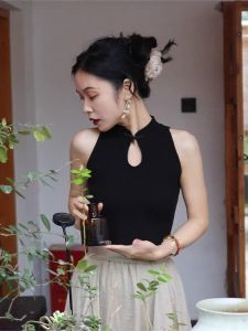 Elegant Chinese Style Embroidered Button Hollow out Black Mini Strap Vest Women Summer Cheongsam Shoulder Toning Top