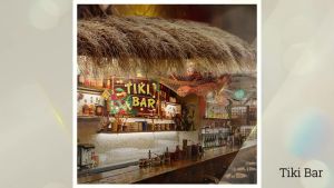 Synthetic thatched roof decorates bar hut to create party atmosphere