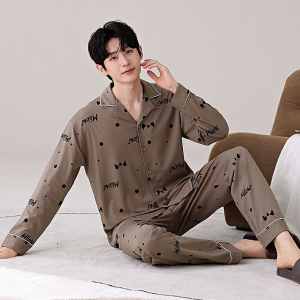 MiiOW | ชุดนอนผ้าฝ้ายแท้สำหรับคู่รัก แขนยาว คาร์ดิแกนเปิดไหล่ ชุดอยู่บ้าน ฤดูใบไม้ผลิและฤดูใบไม้ร่วง ชุดนอนผู้หญิง ชุดนอนผู้ชาย