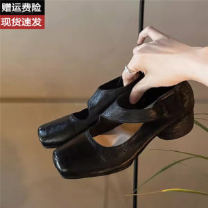 รองเท้า Mary Jane ทรงสี่เหลี่ยมหัวเข็มขัดหนังแท้สำหรับผู้หญิง ส้นสูงปานกลาง ทรงหัวมน ด้านในทำจากหนังแกะ ทรงหัวมน รองเท้าแฟชั่น