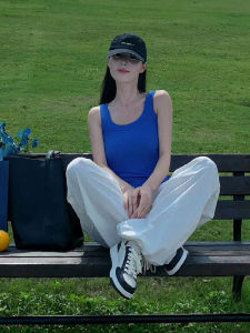 Áo Ba Lỗ Không Tay Màu Xanh Lam Bằng Lụa Băng Cổ Chữ U Cho Nữ Mùa Hè Áo Khoác Ngoài Dệt Kim Mỏng Áo Ba Lỗ Hở Lưng Thời Trang