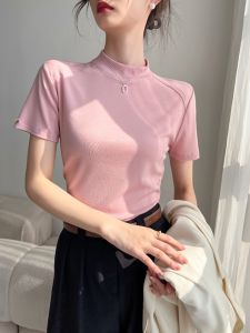 Pink Short Sleeve T-Shirt Womens Summer New Design Half High Collar Slimming Short Base Shirt Top Korean Style Commute Pure Color