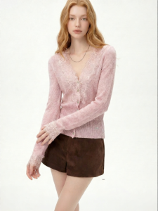 Slimming Fitted Lace V-Neck Knitted Sweater Long Sleeves
