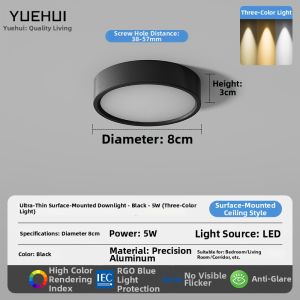 YUEHUI | Ultra-thin Surface Mount Black Round LED Ceiling Light for Hallways and Entrances