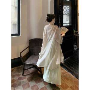 Womens Summer New Chinese Style Thin Chiffon Sun Protection Shirt Coat with Sling Skirt Mid-Length Open Cardigan Top
