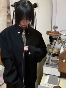 Black American High Street Cleanfit Short Jacket Mens Spring Autumn Trendy Brand Slant Zipper Collar Pad Shoulder Jacket