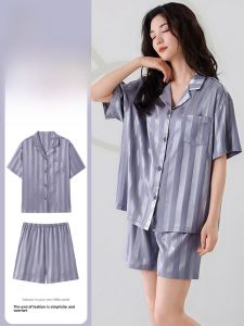 MiiOW | MiiOW Ice Silk Sleepwear Womens Summer New Short Sleeve Shorts Set Simple High-End Sensation Wearable Outdoor Home Clothes