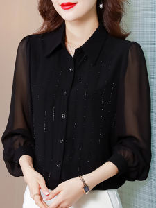 DAIXIANGFEIZI | Black Beautiful Chiffon Shirt Long Sleeve