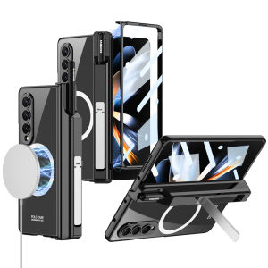 Transparent Plating Wireless Charging Case for Samsung Galaxy Z Fold 5 Fold 4 Case All Shock-proof Armor Pen Slot Case For Samsung Z Fold5 Fold4 Case With Tempered glass protective film Hard Plastic Clear Cover For Z Fold4 Fold5 With Hinge Protection