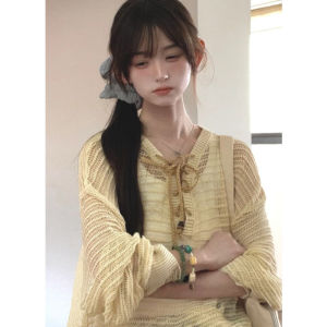 YUEZHONGWEI | Yellow V-Neck Hollow Out Belted Ice Silk Knitted Sunshade Cover Up Women Summer Thin Outerwear Dopaamine Style Top
