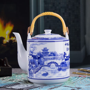 Jingdezhen Blue And White Porcelain Tea Pot Ceramic Handle Large Capacity Tea Brewing Pot for Home Use High Temperature Resistant Bone China Cold Water Pot