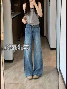 กางเกงยีนส์ทรงขาบานสไตล์ย้อนยุคแบบอเมริกันสำหรับผู้หญิง กางเกงขายาวทรงขาบาน ทรงหลวม ทรงหลวม ฤดูใบไม้ผลิ 2025