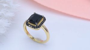 Lohaspie Jewelry Real 2.6 Carats Yellow Gold Plated Ring Silver 925 Original Natural Black Spinel Ring Octagon Cut Gemstone Ring For Women Anniversary Gift Jewewlry