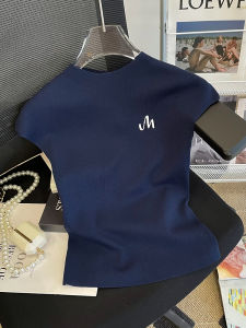 Summer New American Retro Sweet And Spicy Letter Embroidery Shoulder Knitted Sweater Womens Versatile Slim Short Trendy Top