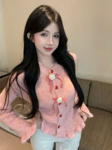 GUZILIAN | Sweet Bow Wood Ear Sleeve Sweater Cardigan for Women Autumn Winter New Style Outerwear