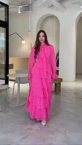 Spring Autumn Causal Loose Fashion Long Sleeve Dresses Ruffled Multi Layer Splicing Design Long Sleeve Pleated Womens Dress