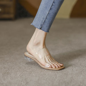 Transparent High Heels Womens Summer New Flat Bottom Medium Heel Crystal Stiletto Fairy Style Sandals Open Toe Fashionable