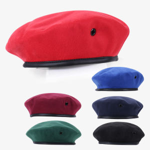 หมวกเบเรี่ยมไหมนุ่มสไตล์อังกฤษแบบสวมหัวรูปทรงกลมสำหรับฤดูใบไม้ร่วงและฤดูหนาว สีดำเขียว อบอุ่น พร้อมขอบหนัง หมวกศิลปิน อเนกประสงค์ ทันสมัย