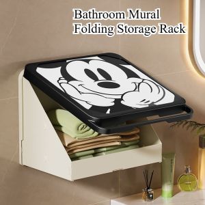 Bathroom Mural Folding Storage Cabinet No-Drill Wall Mounted Shower Organizer Rack Waterproof Clothes Holder Large Brackets